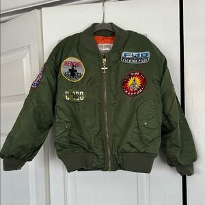 Kids Olive Green Puffer Bomber Jacket with Aviator Patches